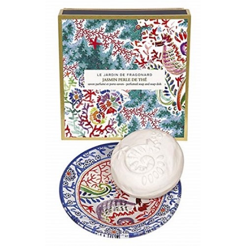 FRAGONARD - Set sapun iasomie ceai verde cu savoniera de sticla pictata - Set Jasmin Perle de Thé 150gr+1buc